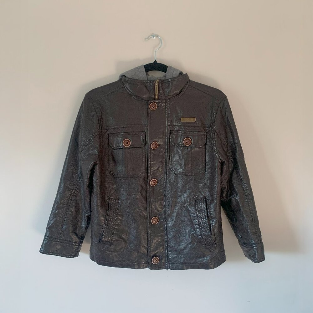 Brown Hooded Button-Up & Zip Cropped Jacket